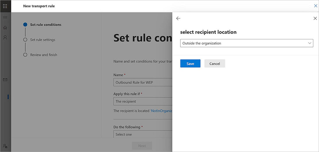 Screenshot of the Microsoft 365 configuration Select recipient location dialog box